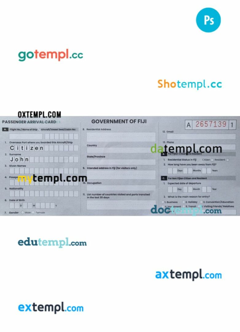 Fiji arrival card template in PSD format