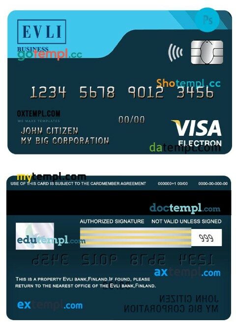 Finland Evli bank visa business electron card template in PSD format