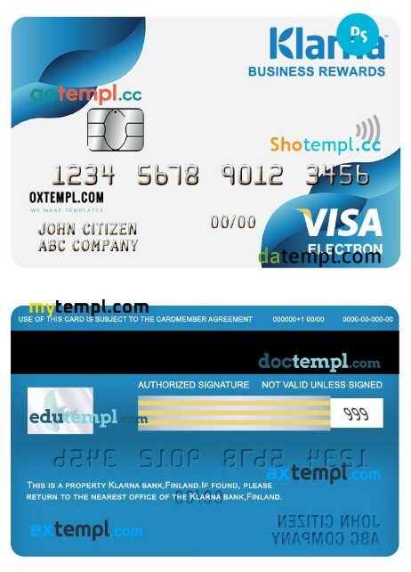 Finland Klarna bank business rewards visa electron card template in PSD format