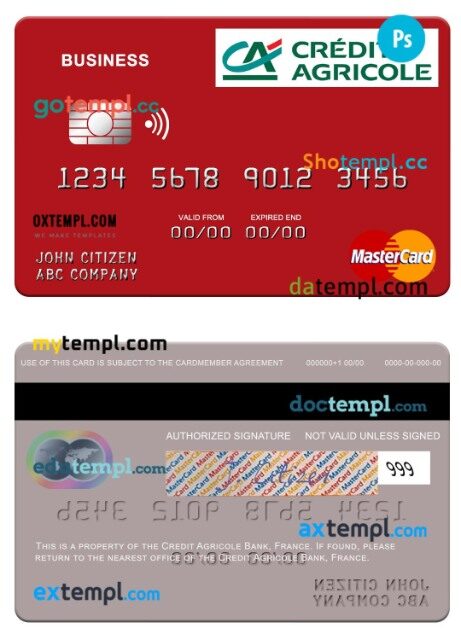 France Credit Agricole Bank business mastercard template in PSD format