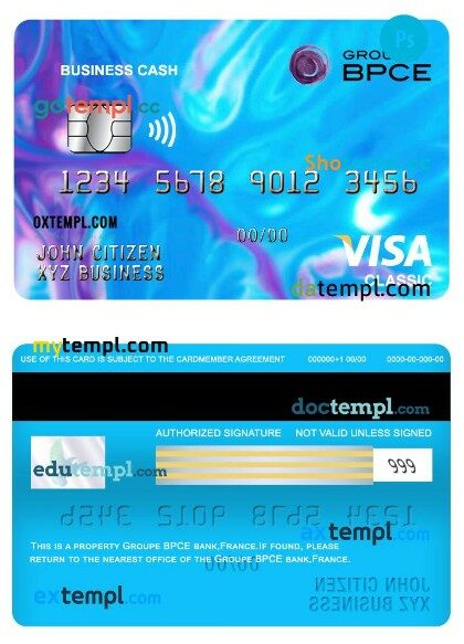 France Groupe BPCE bank business cash visa classic card template in PSD format
