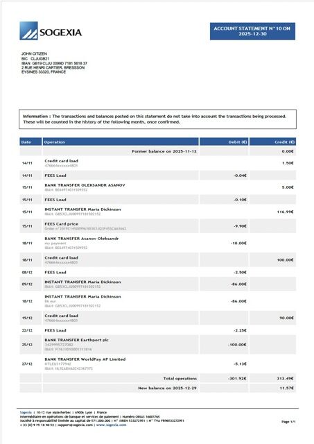 France Sogexia Bank account statement Word and PDF template