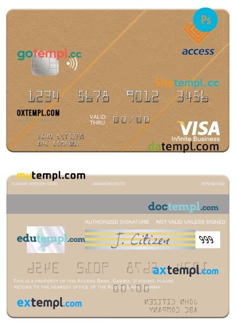 Gambia Access Bank visa infinite business card template in PSD format