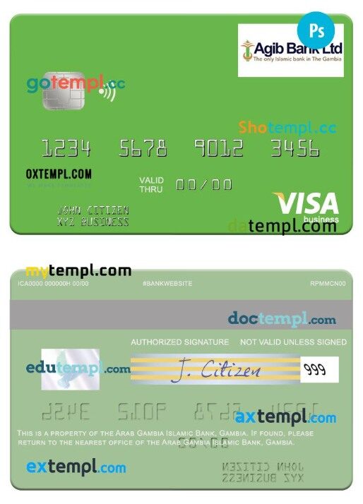 Gambia Arab Gambia Islamic Bank visa business card template in PSD format