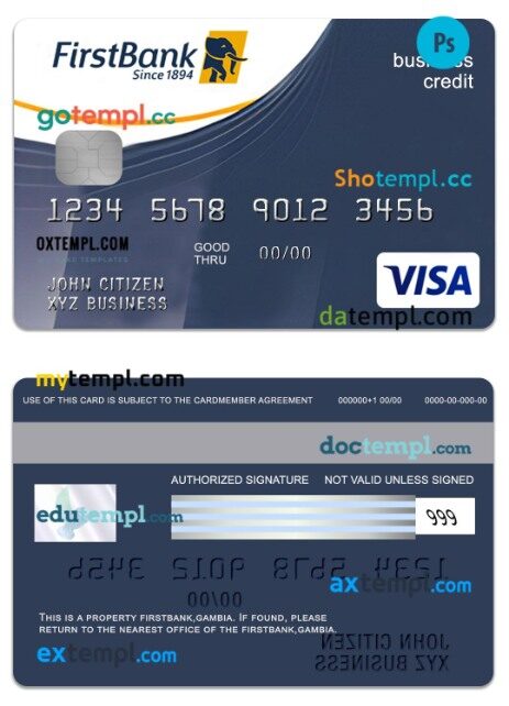 Gambia FirstBank visa business credit card template in PSD format