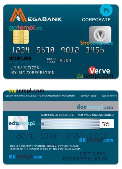 Gambia MegaBank Verve corporate card template in PSD format