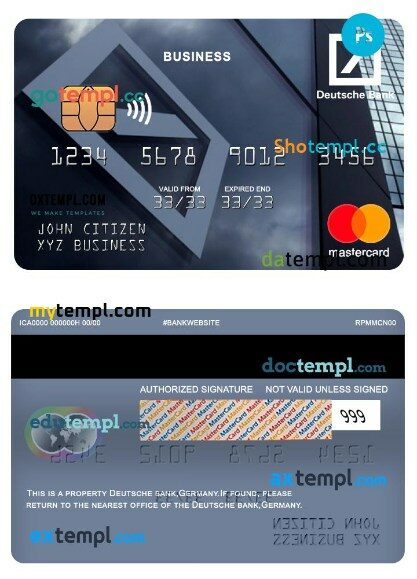 Germany Deutsche bank business mastercard template in PSD format