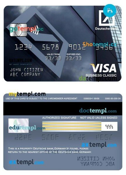 Germany Deutsche bank visa business classic card template in PSD format