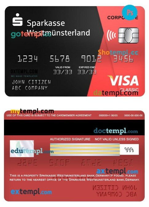 Germany Sparkasse westmunsterland bank visa corporate classic card template in PSD format