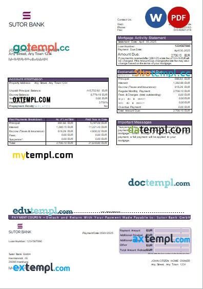 Germany Sutor Bank mortgage statement, editable template in PDF and Word