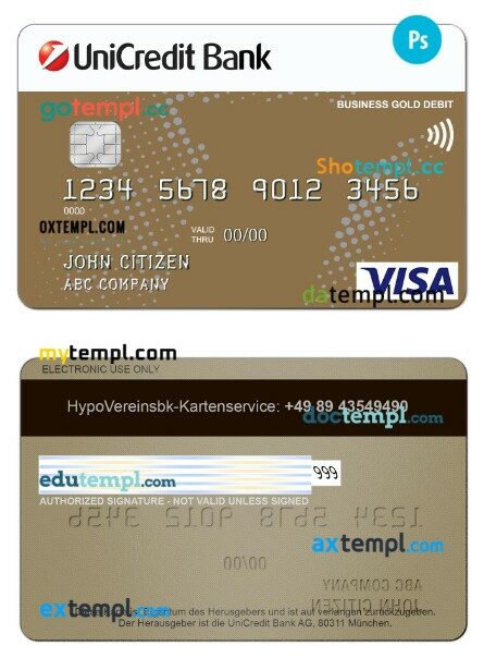Germany UniCredit Bank business VISA Credit Card template in PSD format