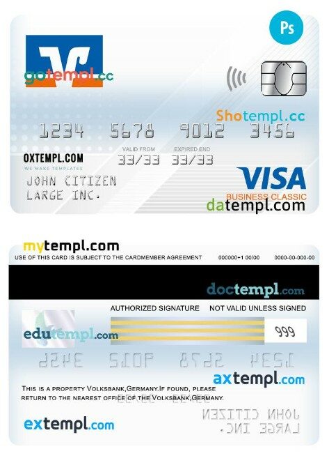 Germany Volksbank visa business classic card template in PSD format