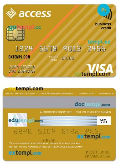 Ghana Access Bank business credit visa gold card template in PSD format