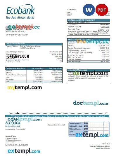Ghana Ecobank bank mortgage statement, editable template in PDF and Word