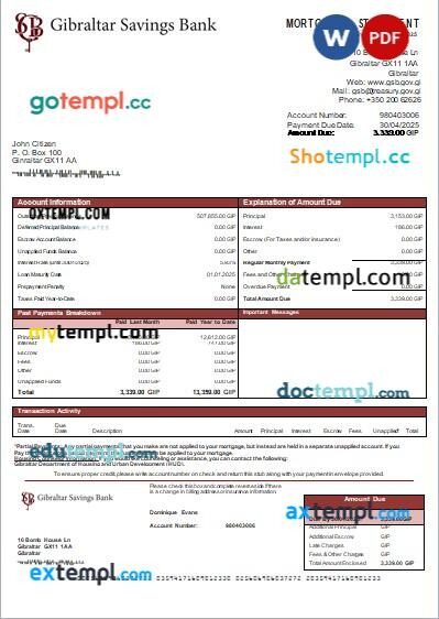 Gibraltar Savings Bank mortgage statement, editable template in PDF and Word