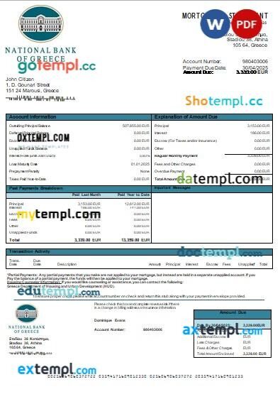 Greece National Bank of Greece bank mortgage statement, editable template in PDF and Word