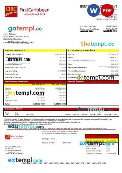 Grenada CBIC bank mortgage statement, editable template in PDF and Word
