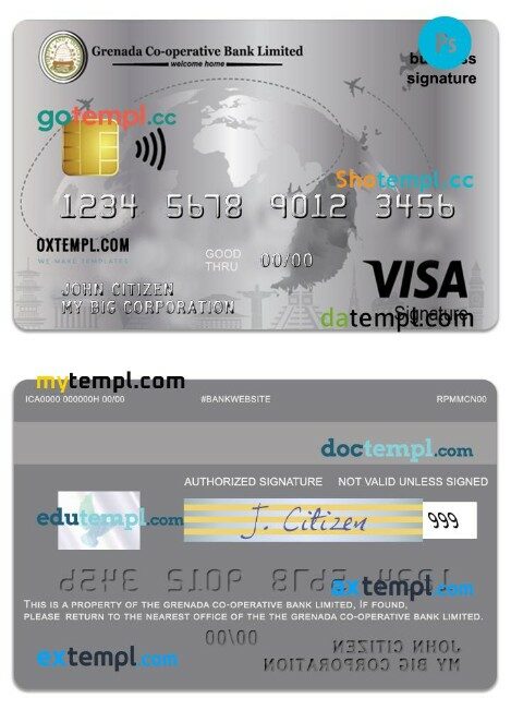 Grenada Co-operative Bank limited visa signature business credit card template in PSD format