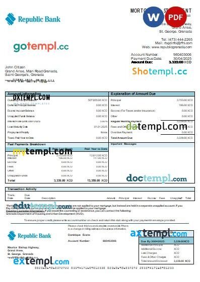 Grenada Republic bank mortgage statement, editable template in PDF and Word