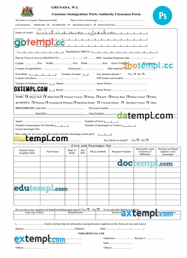 Grenada immigration card template in PSD format