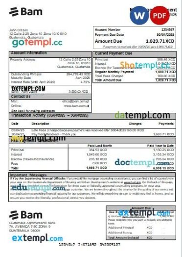 Guatemala Agromercantil bank mortgage statement, editable template in PDF and Word