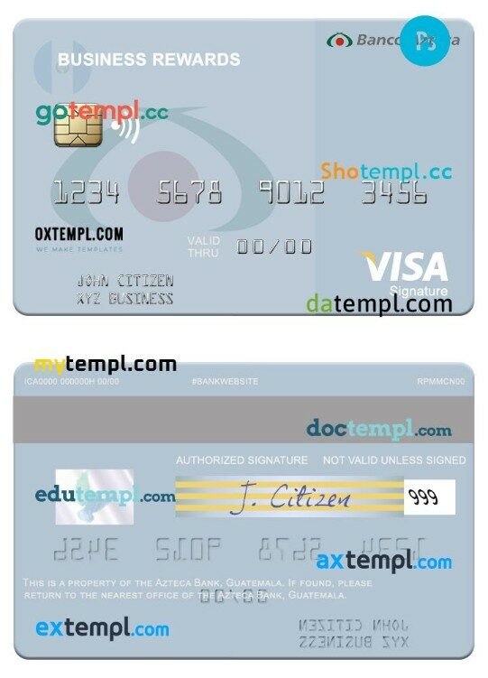 Guatemala Azteca Bank business rewards visa signature card template in PSD format