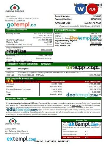 Guatemala Azteca bank mortgage statement, editable template in PDF and Word