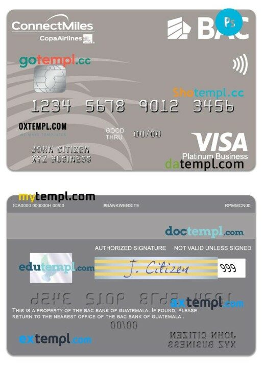 Guatemala BAC Bank visa business platinum card template in PSD format