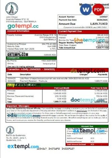 Guatemala Banco de Guatemala bank mortgage statement, editable template in PDF and Word