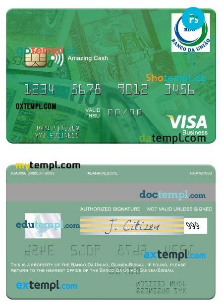 Guine Bissau Banco Da Uniao cash visa business card template in PSD format