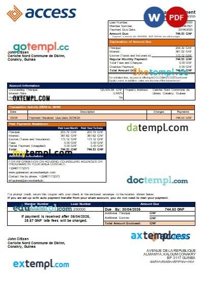 Guinea Access bank bank mortgage statement, editable template in PDF and Word