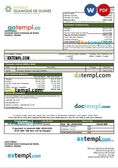 Guinea Banque Islamique de Guinée bank mortgage statement, editable template in PDF and Word
