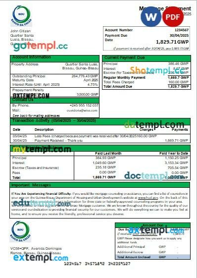 Guinea-Bissau Banco da Uniao bank mortgage statement in Word and PDF formats