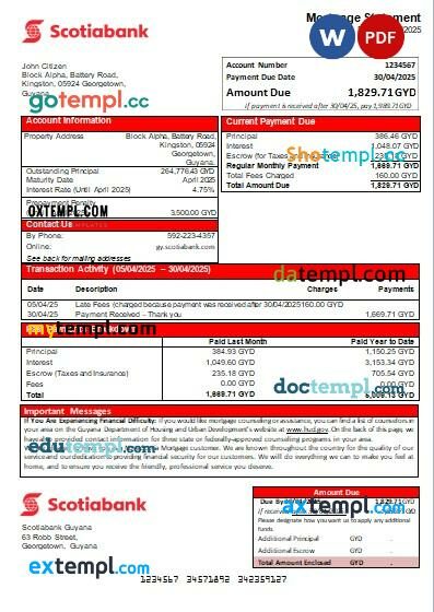 Guyana Bank of Nova Scotia bank mortgage statement in Word and PDF formats