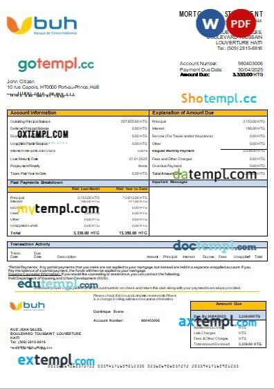 Haiti BUH bank mortgage statement in Word and PDF formats