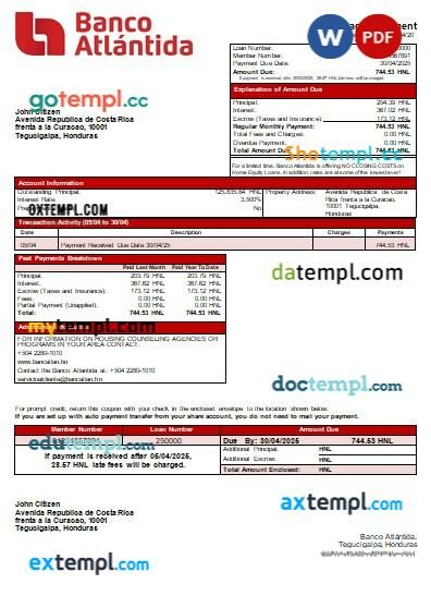 Honduras Banco Atlantida Bank mortgage statement in Word and PDF formats