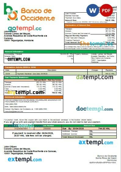 Honduras Banco de Occidente Bank mortgage statement in Word and PDF formats