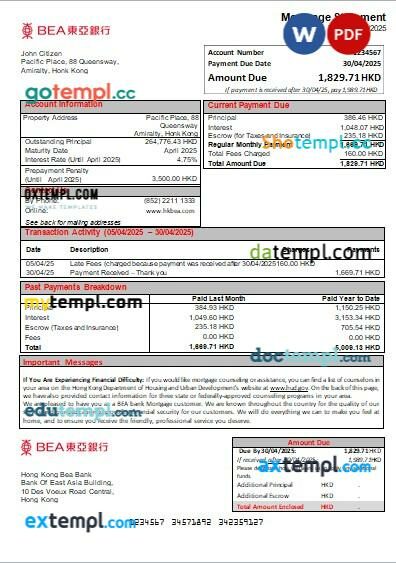 Hong Kong BEA bank mortgage statement in Word and PDF formats