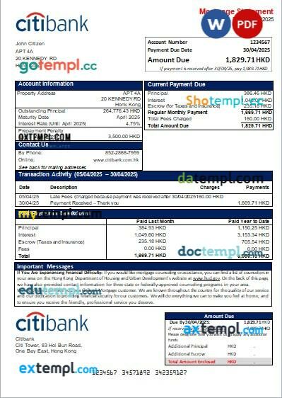 Hong Kong Citibank bank mortgage statement in Word and PDF formats