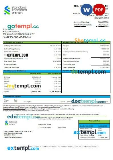 Hong Kong Standard Chartered Bank mortgage statement in Word and PDF formats