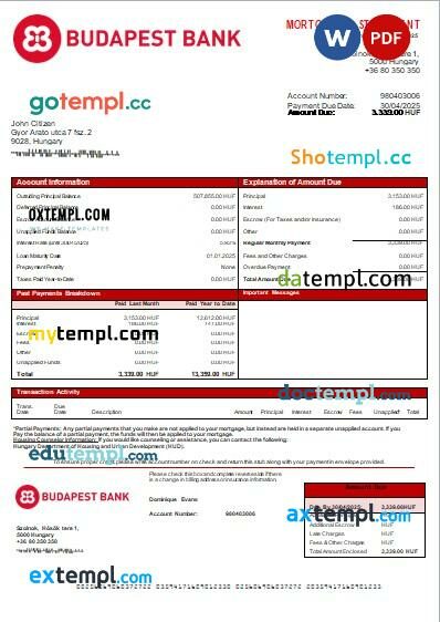 Hungary Budapest Bank – Szolnoki Fiók bank mortgage statement in Word and PDF formats