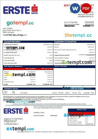 Hungary Erste bank mortgage statement in Word and PDF formats