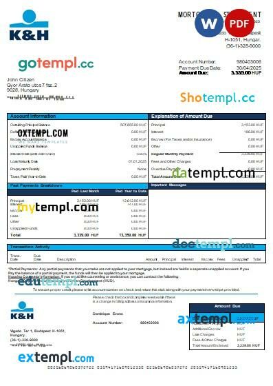 Hungary K&H Bank mortgage statement in Word and PDF formats