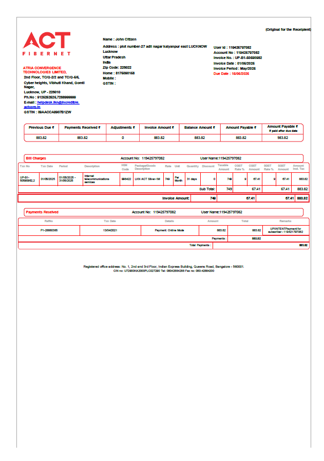 India ACT Fibernet utility bill template in Word and PDF formats India ACT Fibernet utility bill template in Word and PDF formats