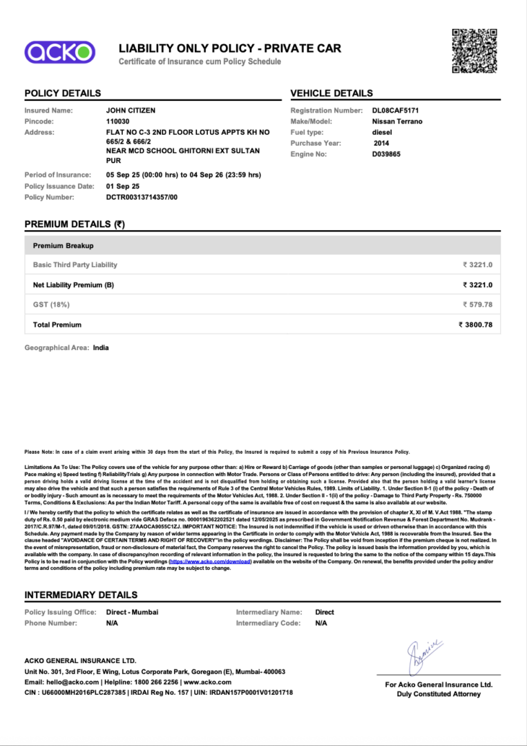 India Acko General Insurance certificate of insurance cum policy schedule Word and PDF template