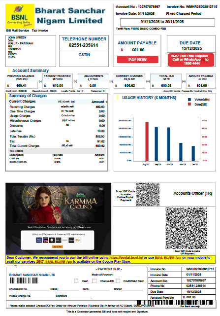 India Bharat Sanchar Nigam Limited utility bill template in Word and PDF formats, version 3 India Bharat Sanchar Nigam Limited utility bill template in Word and PDF formats, version 3