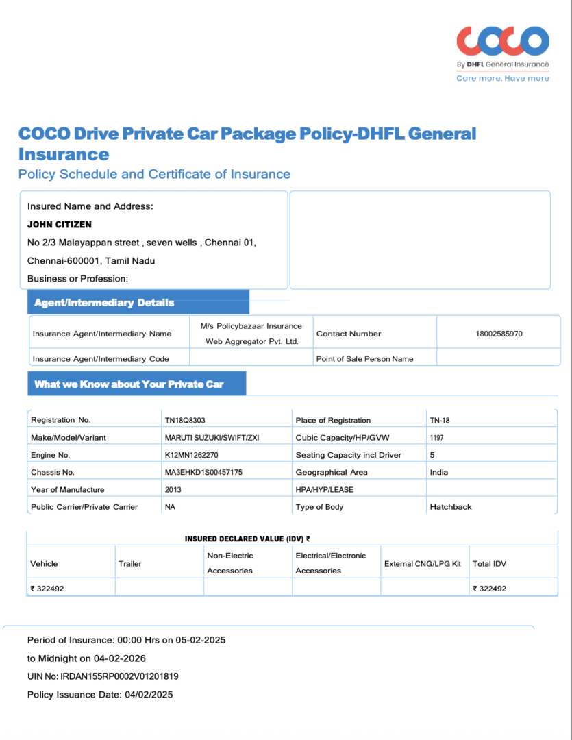India COCO Drive policy schedule and certificate of insurance Word and PDF template