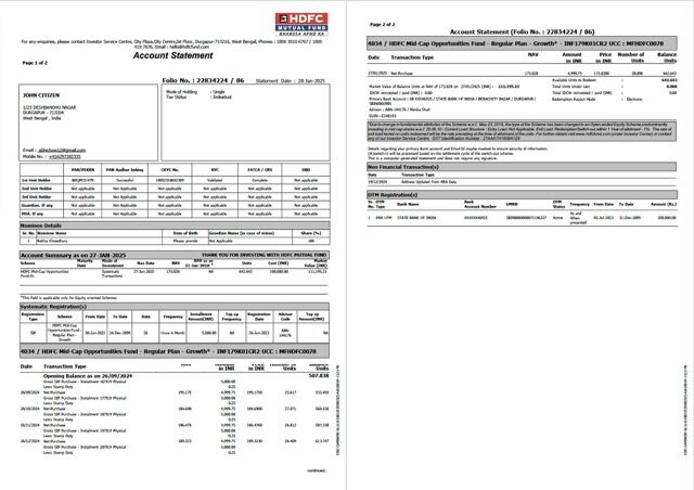 India HDFC Bank account statement Word and PDF template, 2 pages