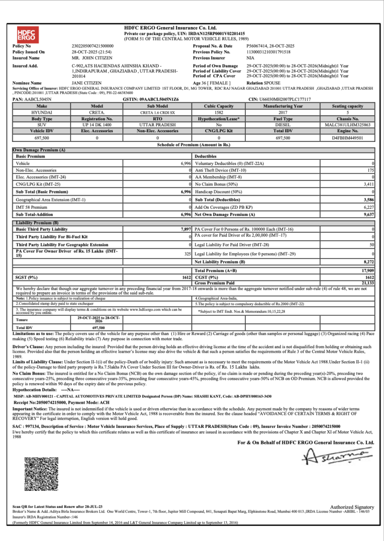 India HDFC ERGO General Insurance private car package policy Word and PDF template