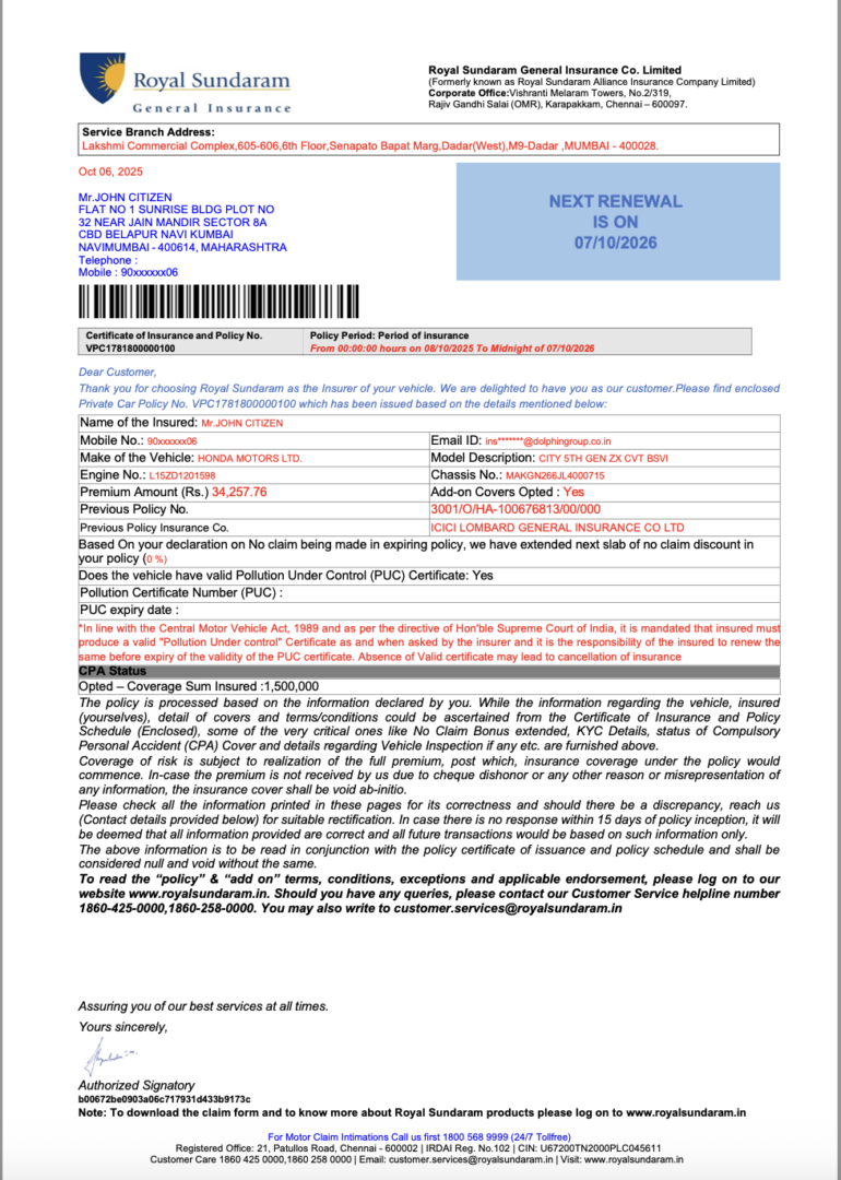 India Royal Sundaram General Insurance certificate of insurance and policy Word and PDF template, version 2